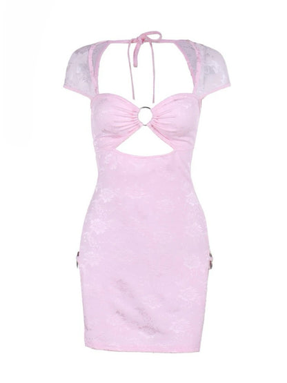 Lace Spliced Short Sleeve Low Cut Slit Mini Dress