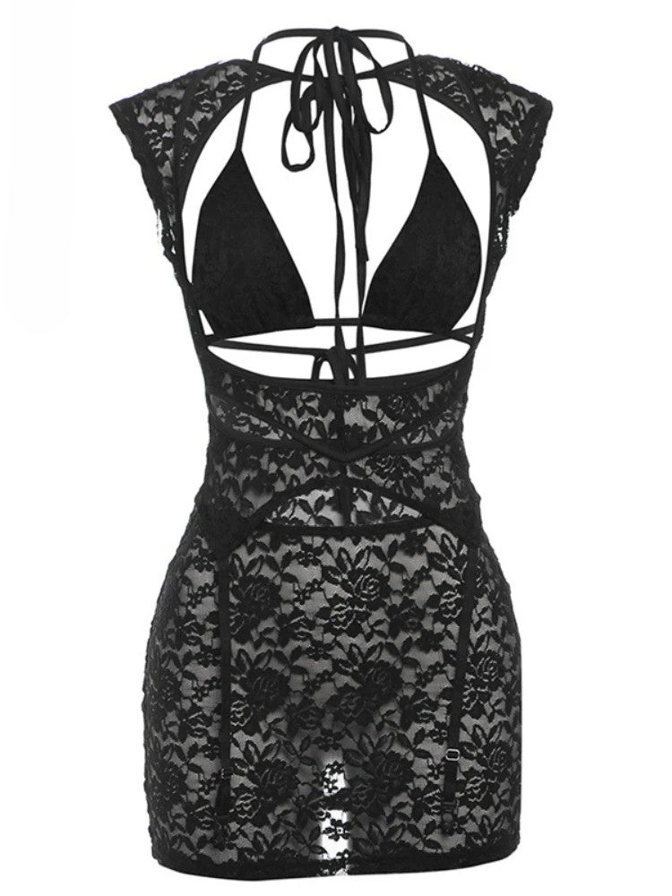 Lace Mesh Black Hollow Backless Mini Dresses Black wo-piece Night Club Dress Women