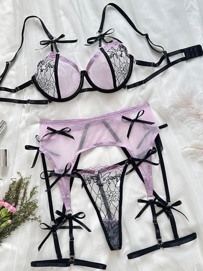 Fashionable embroidered see-through mesh bow sexy underwear set