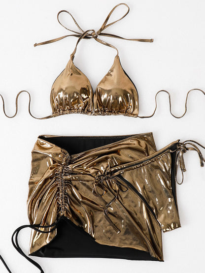 New women's three-piece solid color bronzing glossy sexy lace-up bikini skirt bikini