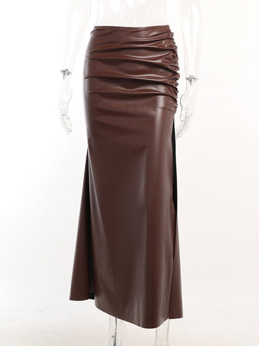 New gathered imitation leather crop top   tight slit hip skirt suit