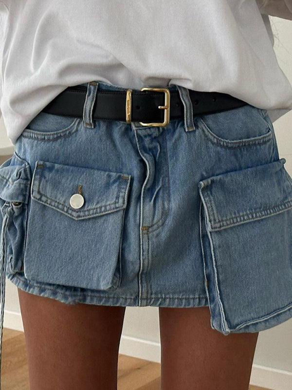 Women's Irregular Big Pocket High Waist Zipper Denim Skirt