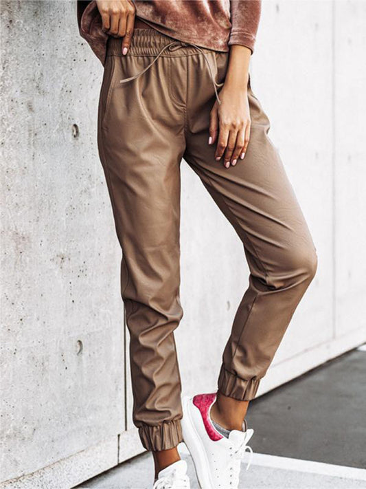 Women's cord waist slim fit leather pants