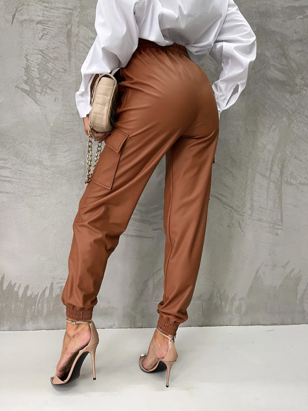 Pocket straight leg elastic waist leather trousers