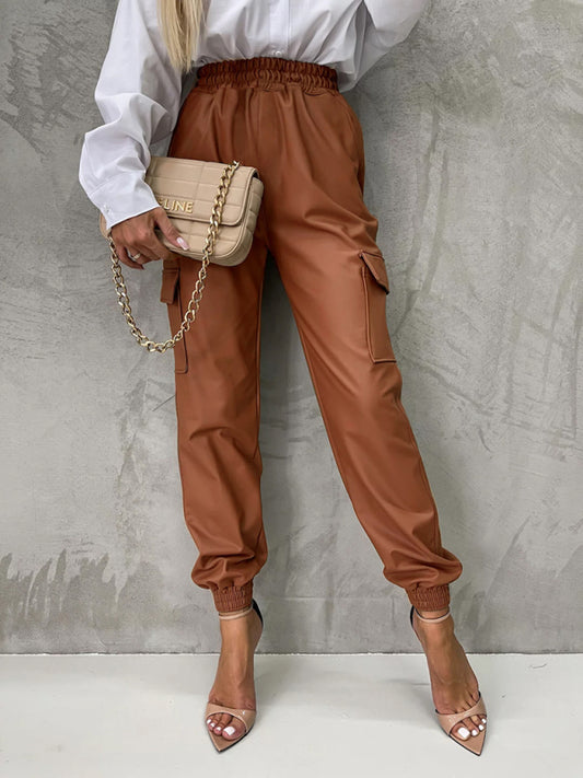 Pocket straight leg elastic waist leather trousers