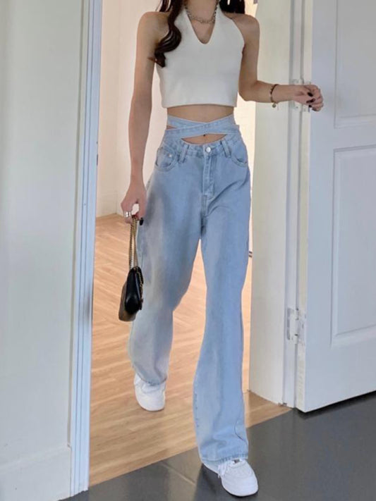 Women's new style fashionable and versatile design waist strap loose wide leg pants straight jeans