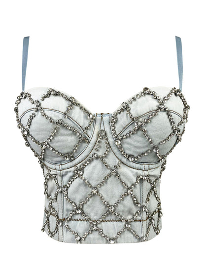 Women's diamond-encrusted shiny denim vest