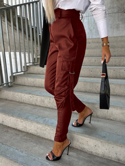 Women's Fashion Slim Fit PU Leather Waist Leg Pants Pockets