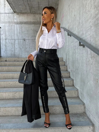 Women's Fashion Slim Fit PU Leather Waist Leg Pants Pockets
