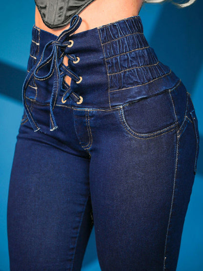 New high-waisted slimming butt-lifting strappy slim-fitting jeans
