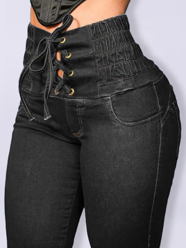 New high-waisted slimming butt-lifting strappy slim-fitting jeans