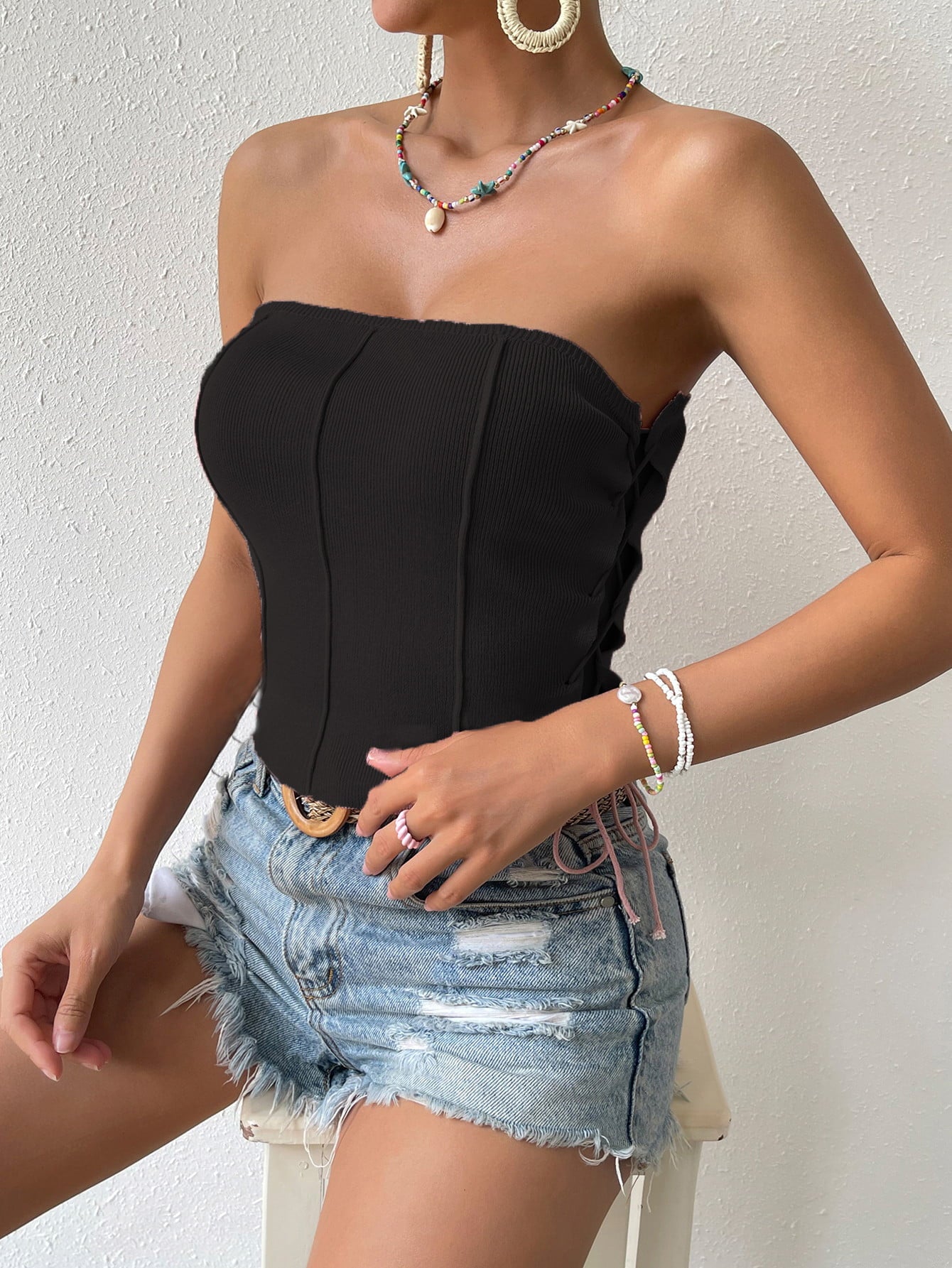 Seam Detail Lace-Up Tube Top