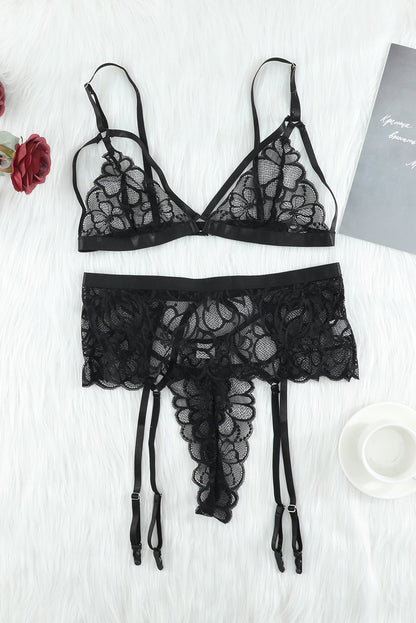 Strappy Three-Piece Lace Lingerie Set