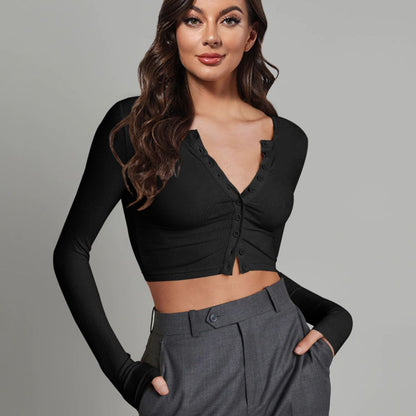 Button Down Long Sleeve Cropped Top