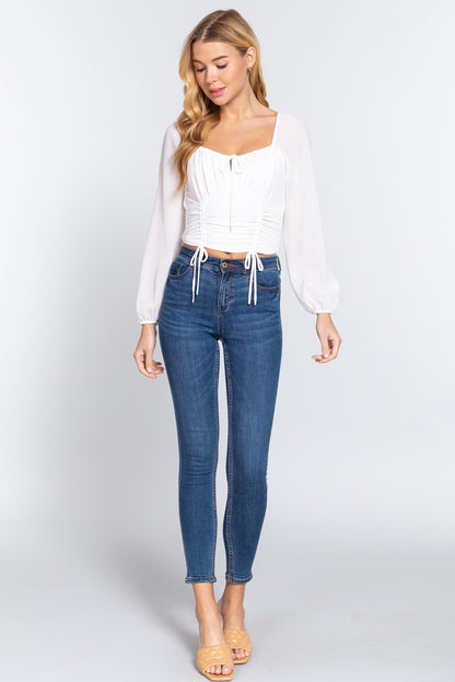 Long Sleeve Front Tied Ruched Detail Woven Top