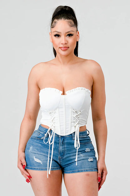 Luxe sweetheart ruffled drawstring lace bustier top