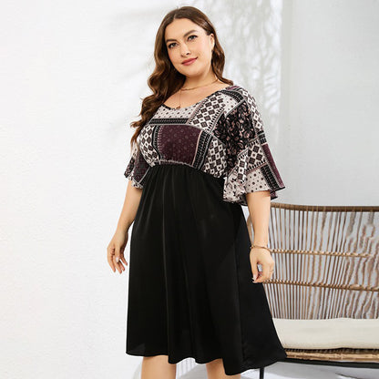 Plus Size Printed Two-Tone Flutter Sleeve Dress