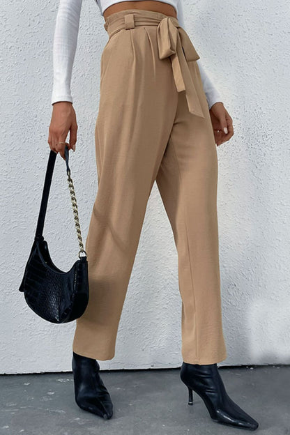 Belted Straight Leg Pants with Pockets