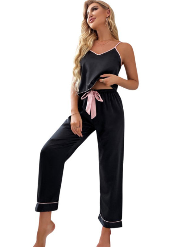 Women's V-neck Pajama Camisole And Pajama Pants With Pink Trim 2 Pieces Sets