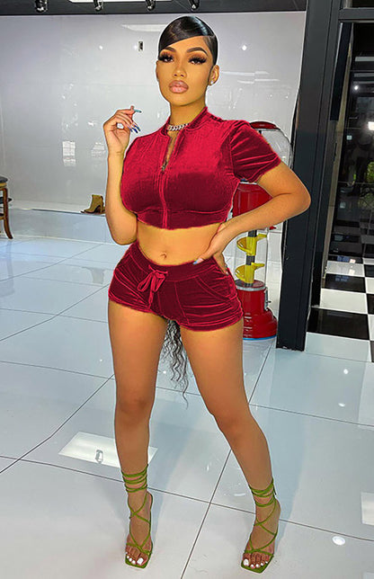 Ladies Velvet Short Solid Color Casual Sexy Two-piece Set
