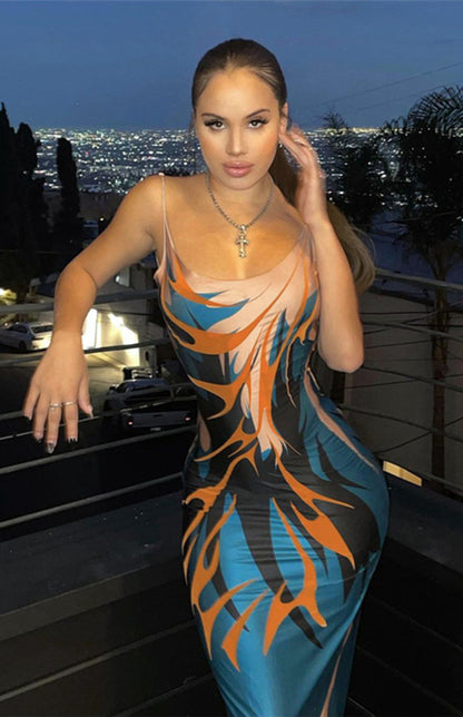 Sexy Cutout Sling Backless Print Slim Fit Maxi Dress