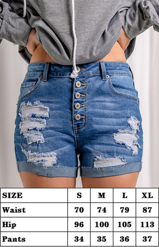 Blue Distressed Patchwork Button Fly Denim Shorts