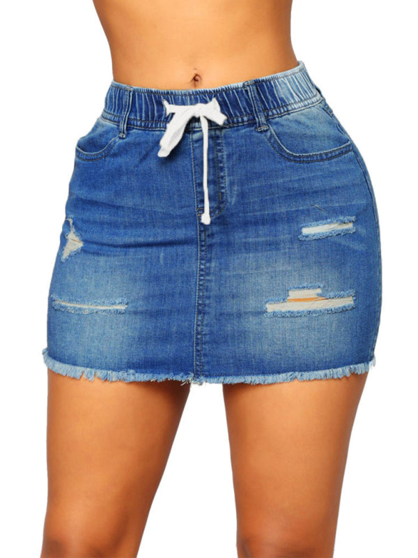 Women's Spring/Summer Drawstring Hole Pack Hip Denim Short Skirt
