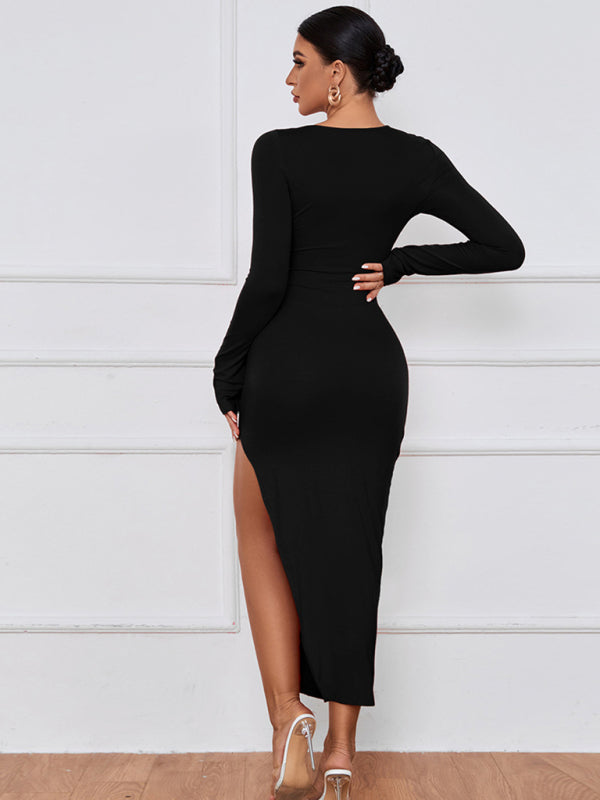 Women’s Long Sleeve Angled Neckline Dress With Front Cutouts And Leg Slit