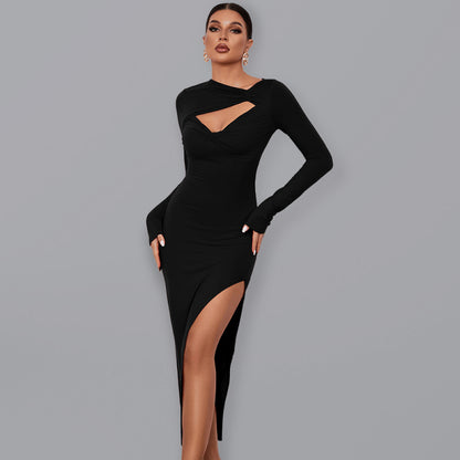 Women’s Long Sleeve Angled Neckline Dress With Front Cutouts And Leg Slit