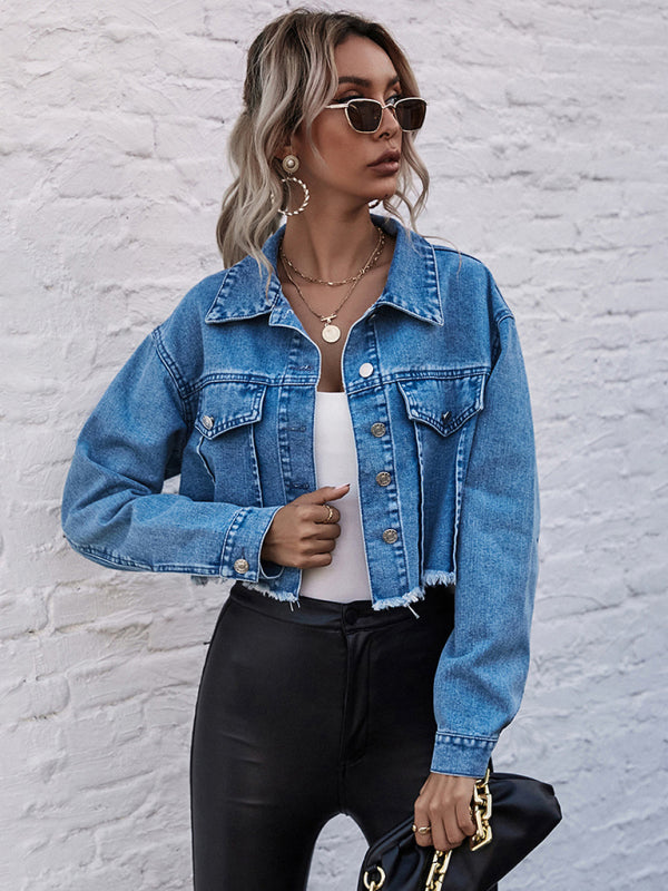 Womens’ Spread Collar Crop Denim Jacket