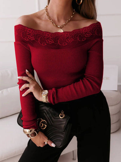 One-neck elegant sexy lace stitching long-sleeved knitted sweater