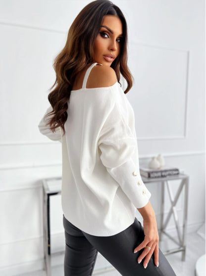 Women’s Chic Solid Color Asymmetric Neckline Embellished Long Sleeves Knit Top