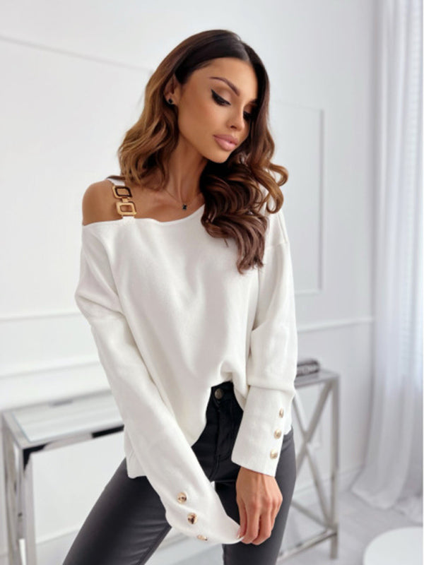 Women’s Chic Solid Color Asymmetric Neckline Embellished Long Sleeves Knit Top
