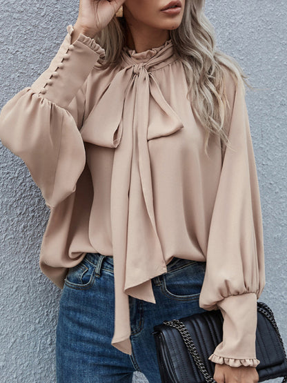 Women's Solid Color Puff Sleeve Bow Tie Blouse