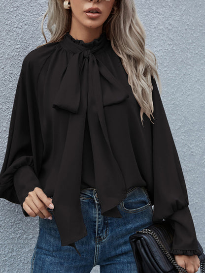 Women's Solid Color Puff Sleeve Bow Tie Blouse