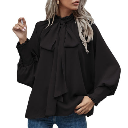 Women's Solid Color Puff Sleeve Bow Tie Blouse