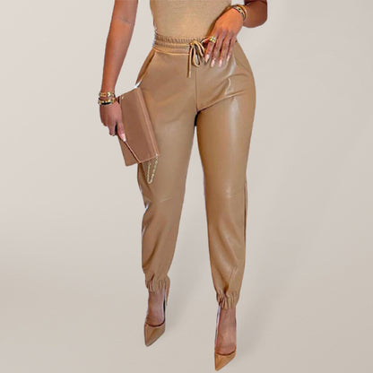 Women's Solid Color Faux Leather Drawstring Pants