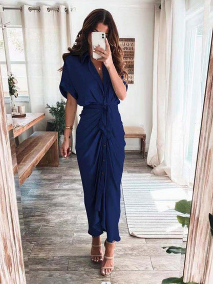 Women's Solid color pleated short sleeve shirt dress