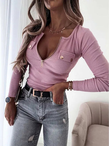 Women'sSolid color slim fit long sleeve zip tops