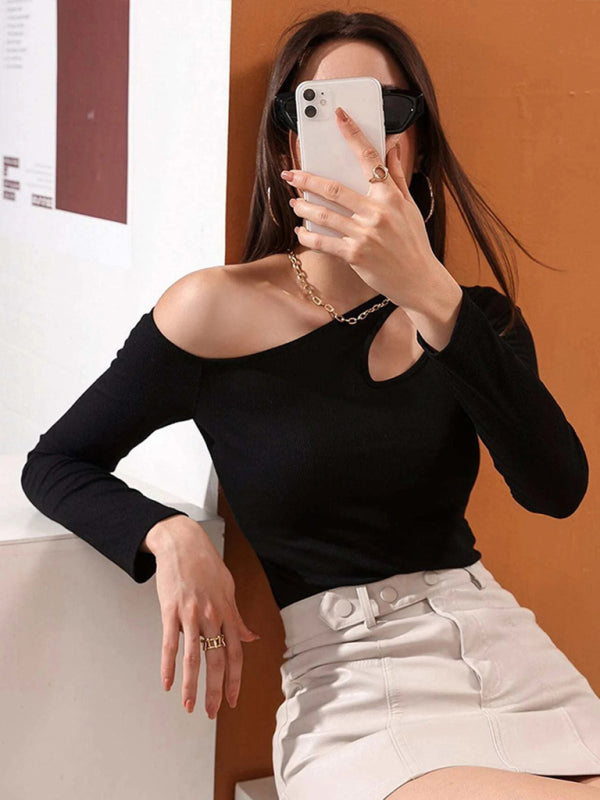 Women's Knitted Sexy Hollow Off Shoulder Long Sleeve T-Shirt