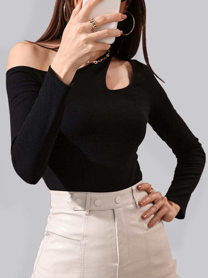 Women's Knitted Sexy Hollow Off Shoulder Long Sleeve T-Shirt
