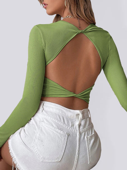 Women's Knitted Sexy Backless Cropped Long Sleeve T-Shirt