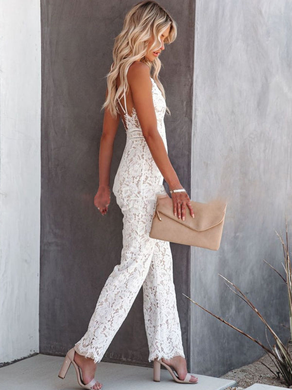Sexy Temperament Elegant Lace Jumpsuit Mid Waist Casual Pants Smooth Lining