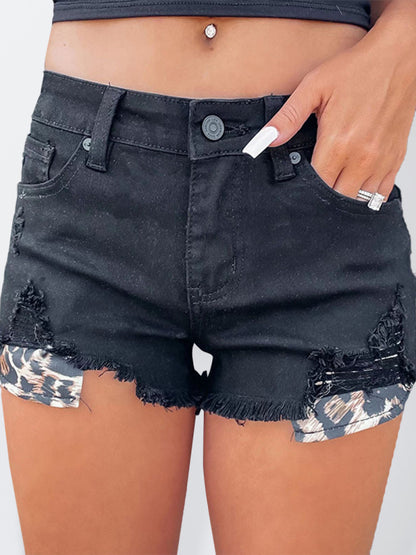 Women's High Waist Leopard Pocket Ripped Denim Shorts
