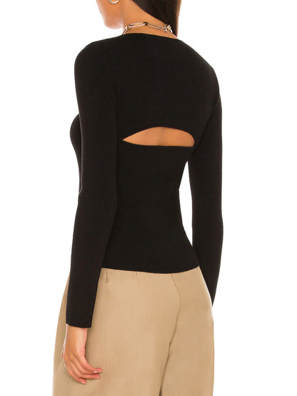 Women's Solid Color Long Sleeve Cutout Top