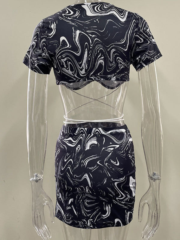 Women's Printed Mesh Sheer Wrap Crop Top And Matching Slit Mini Skirt