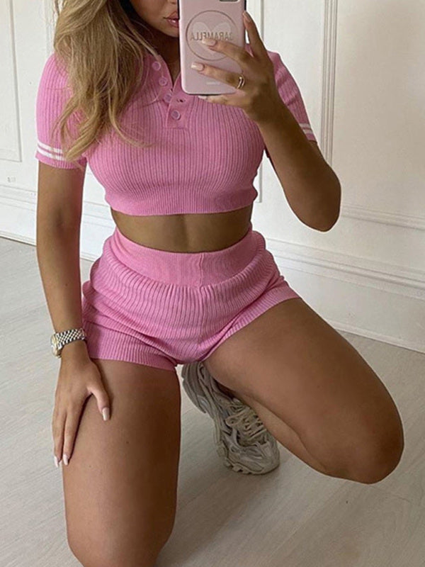 Women’s Ribbed Cap Sleeve Crop Polo Top With Matching Short Tight