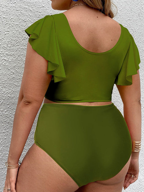 Plus Size Women-Falbala V-Neck Bikini Set