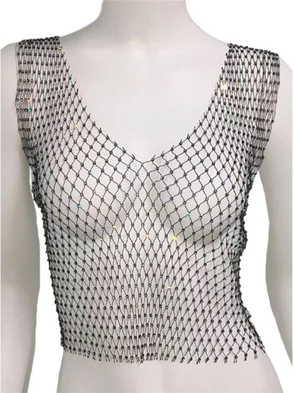 Sexy Nightclub Fishnet Hollow Rhinestone Vest Mesh Flashing Diamond Sling Jacket