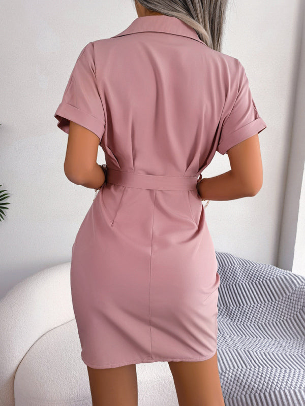 Women's casual solid color dolman sleeve waist press folded shirt dress